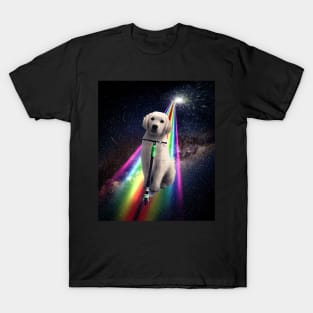 Space Galaxy Dog On Scooter Rainbow T-Shirt